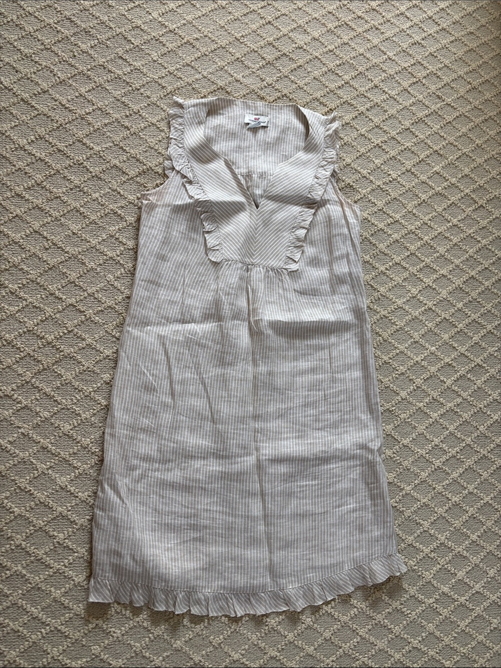Vineyard Vines Sleeveless Ruffle Trim White and Tan Stripe Dress